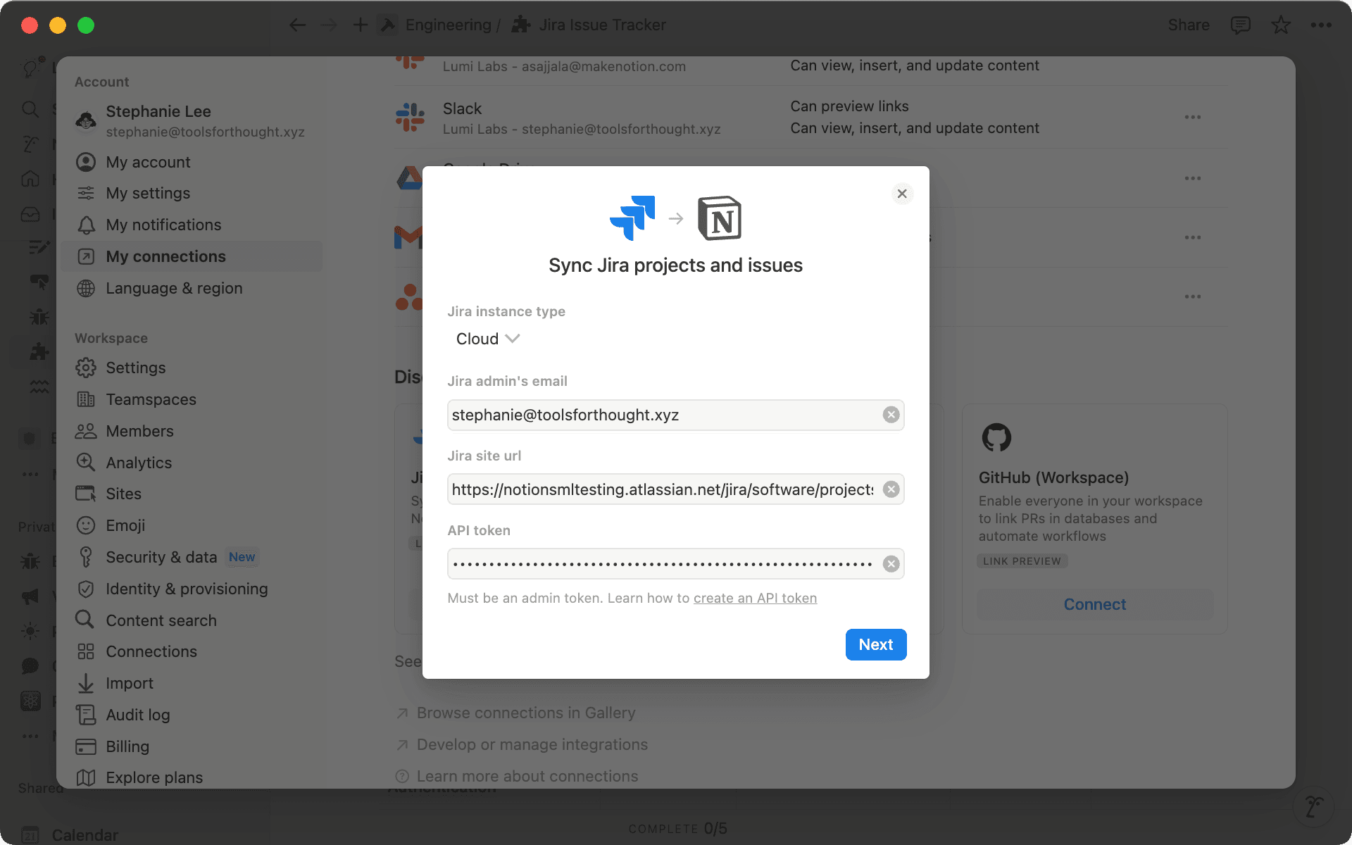Pour configurer la synchronisation Jira, vous devrez créer un jeton API si vous êtes à la fois propriétaire de l’espace de travail et administrateur Jira