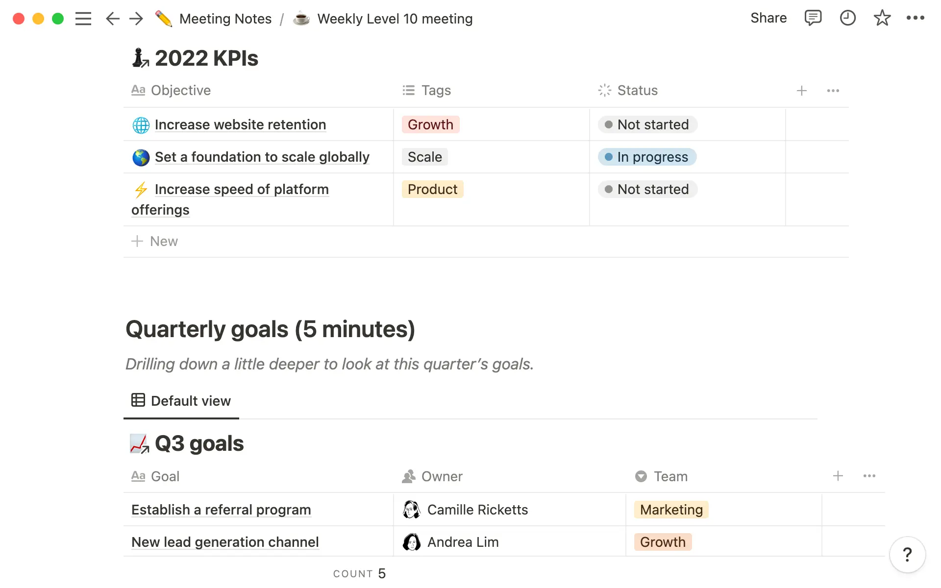 Grâce à des bases de données liées, vous pouvez extraire des objectifs en provenance d’autres modules de Notion.