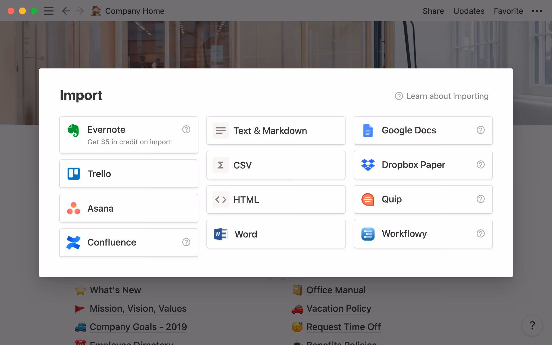 Options d’importation de Notion