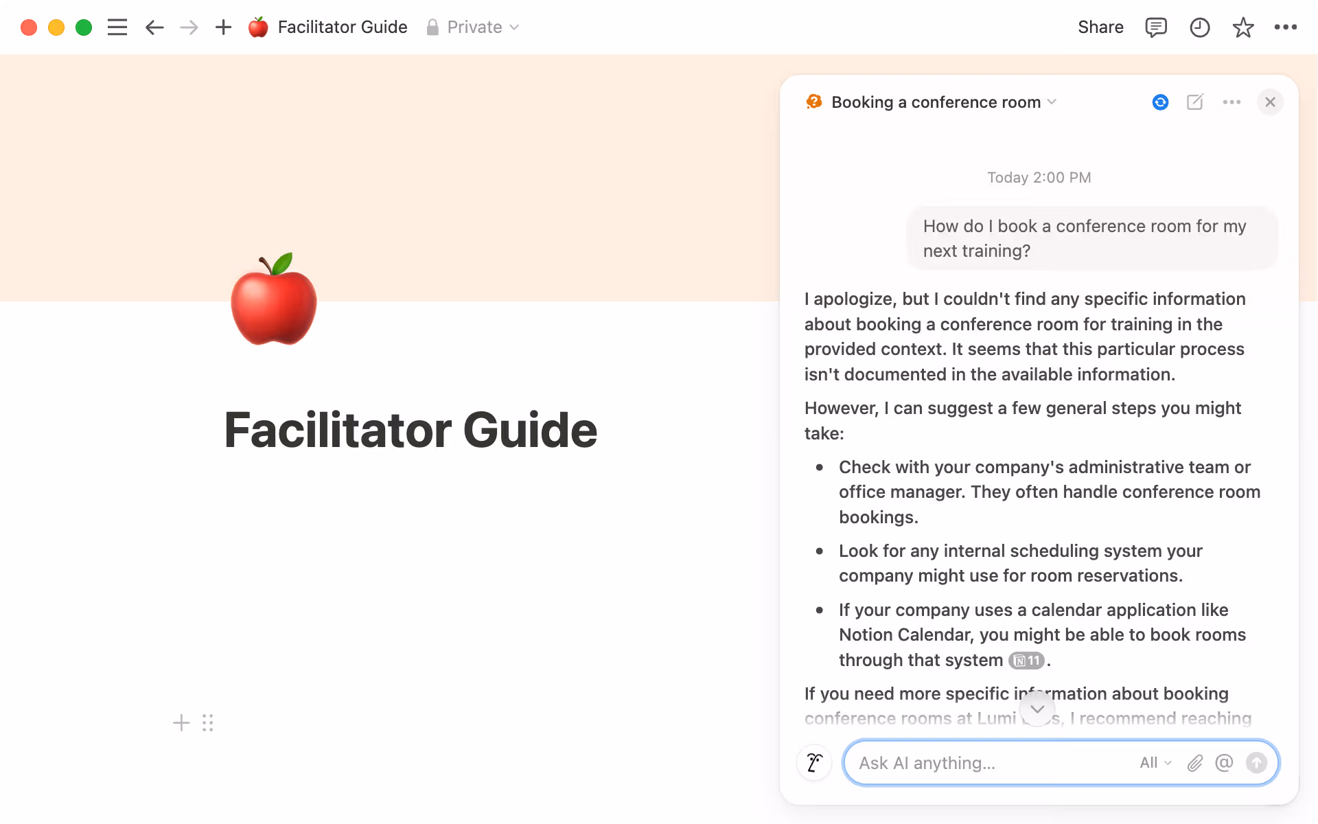 Si Notion AI ne peut pas répondre à votre question, elle vous en informera et vous proposera des pistes de réflexion basées sur ses connaissances générales.