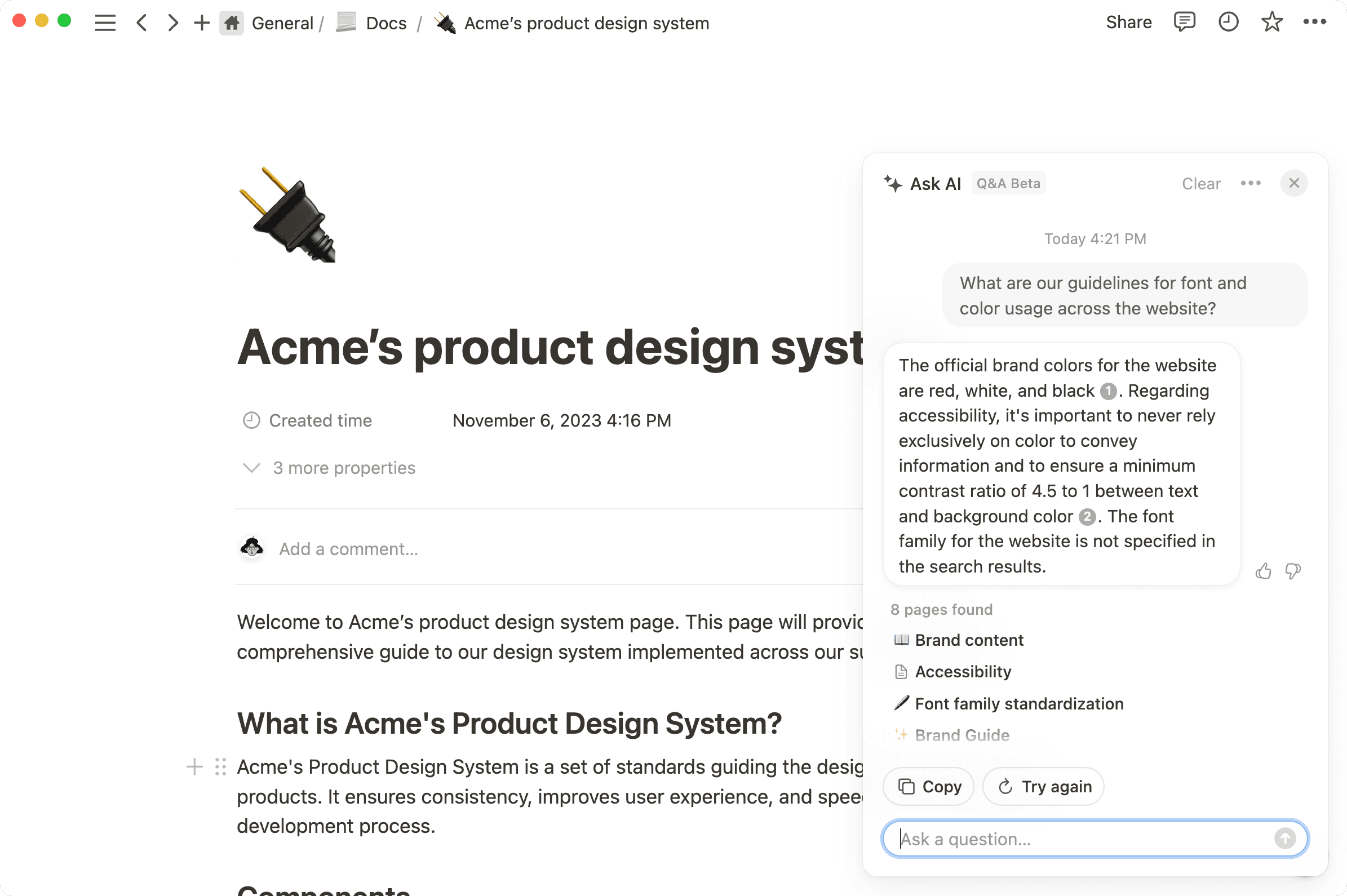 Utilisez des connaissances issues de toutes les pages de votre espace de travail, sans interrompre votre travail.