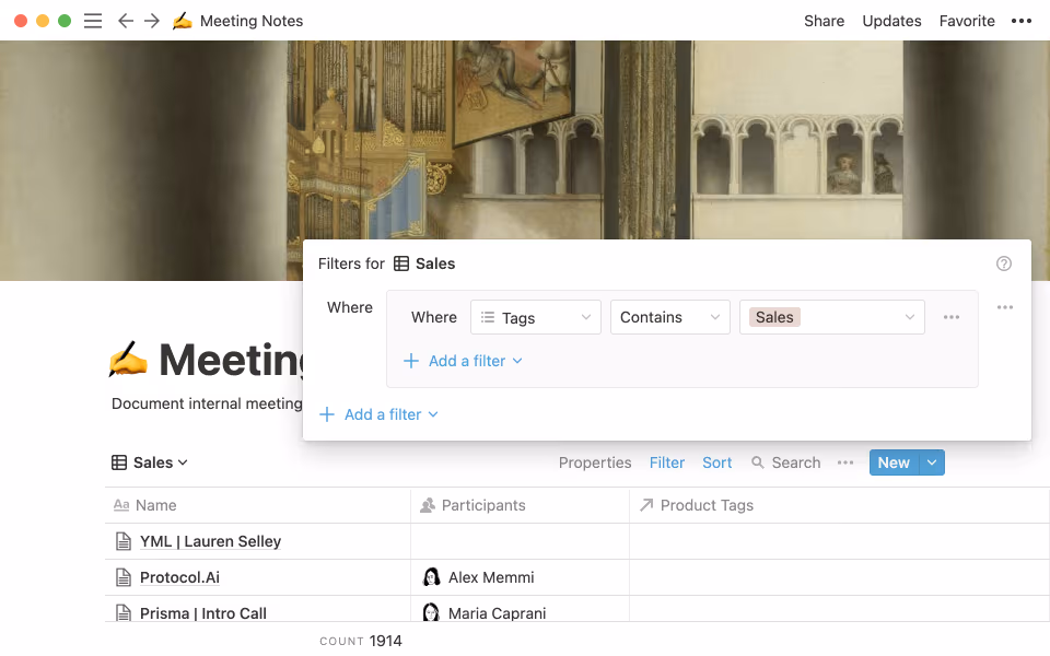 Une version factice de notre base de données de notes de réunions pour l’équipe commerciale.
