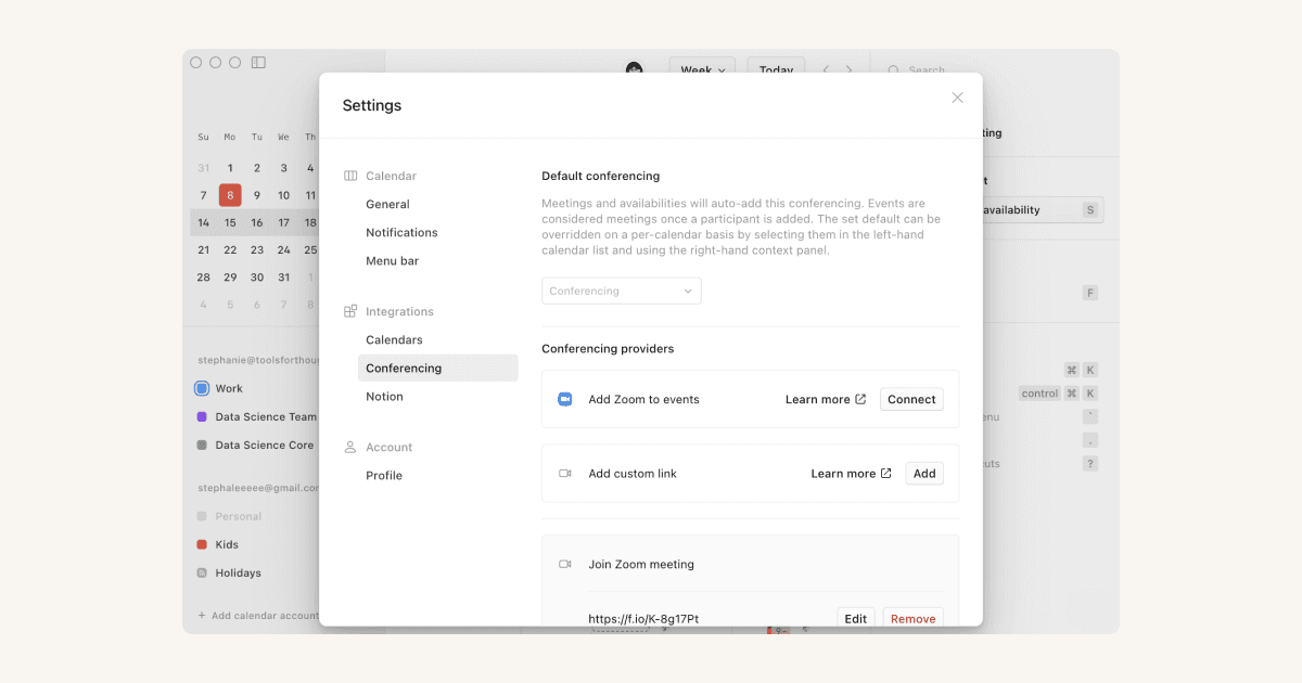 Centre d’aide : intégrations de visioconférence et API dans Notion Calendar