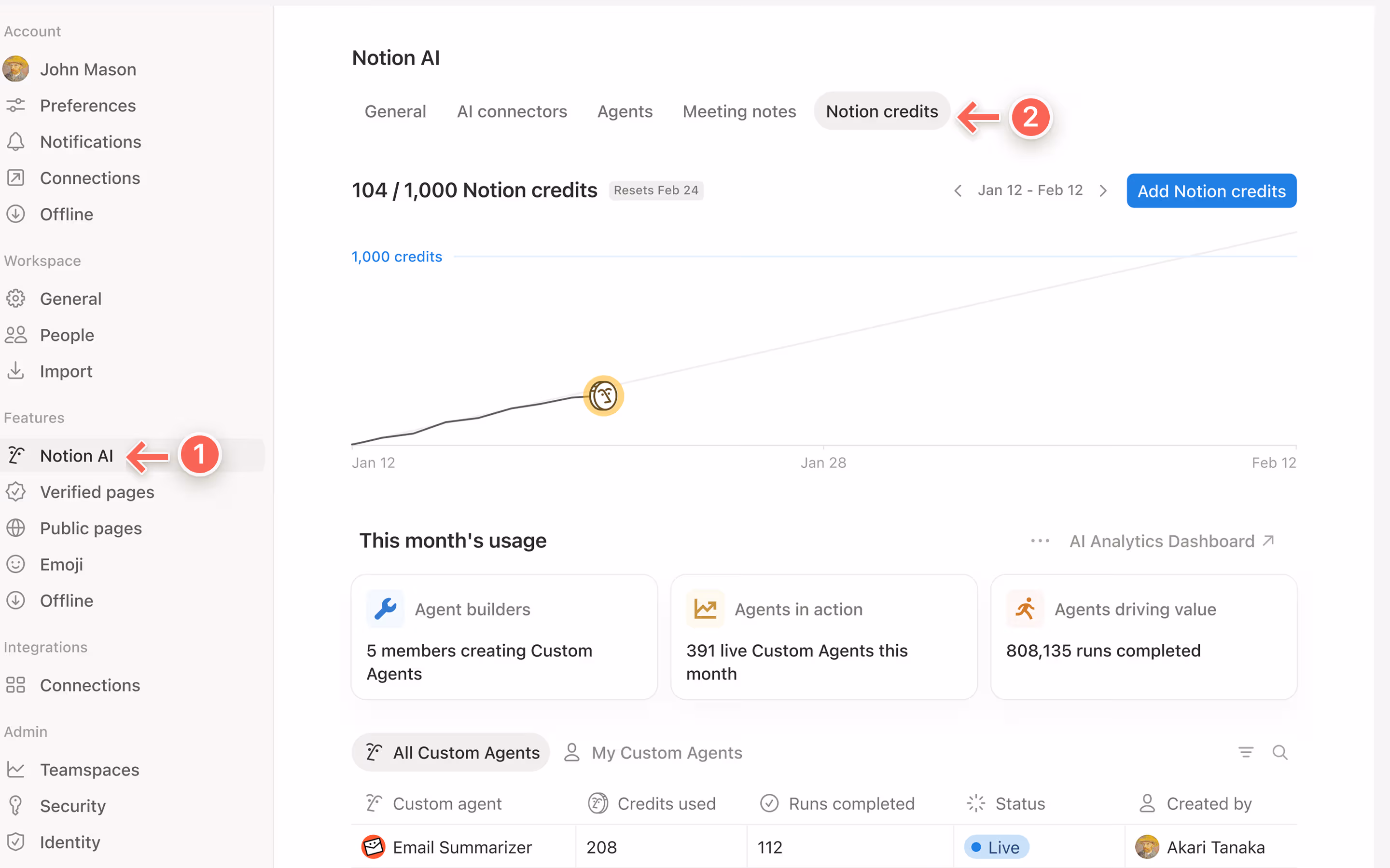Pour accéder au tableau de bord des crédits Notion, rendez-vous dans Paramètres → IA de Notion → Crédits Notion.