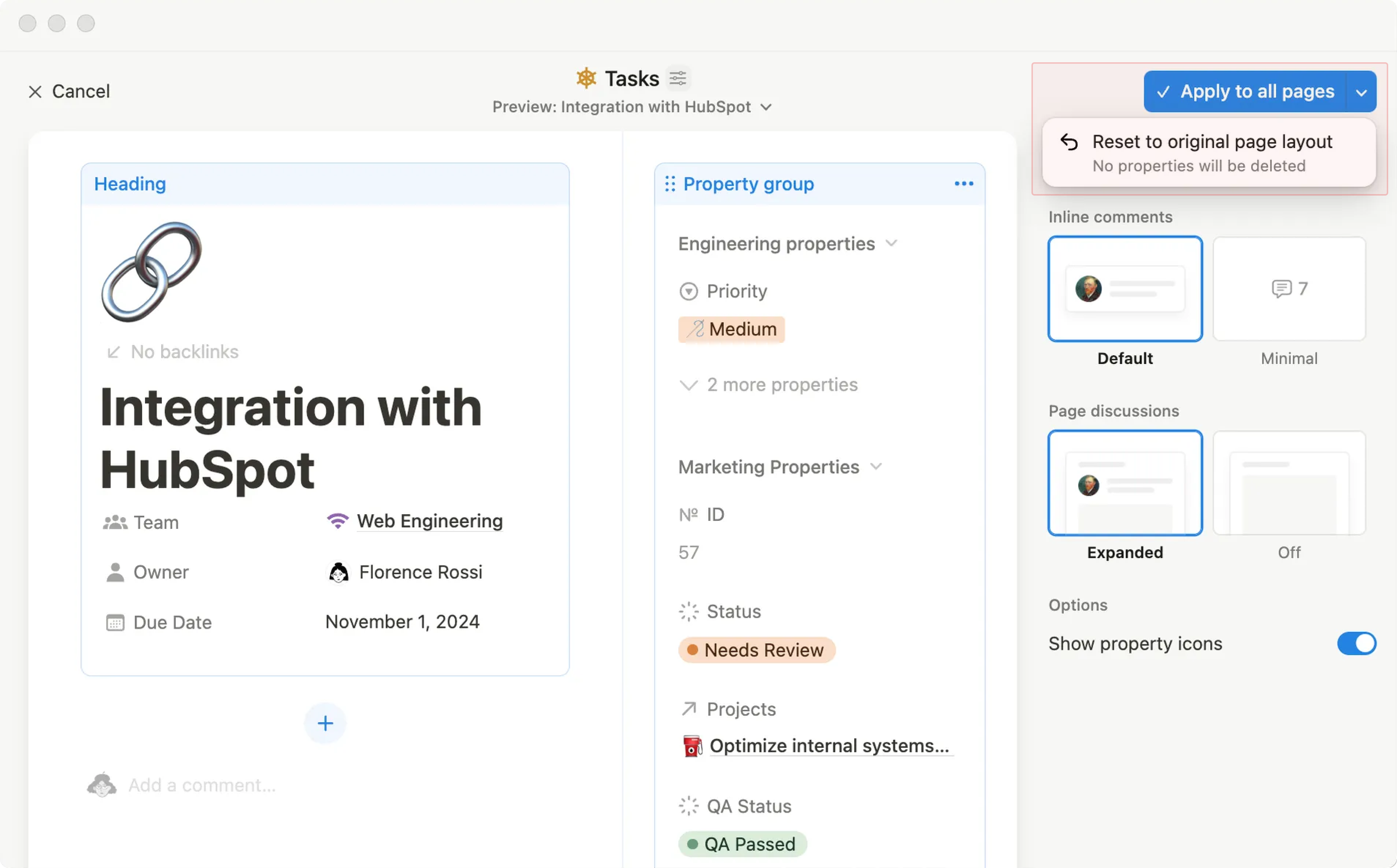 Aide : appliquer aux pages ou réinitialiser