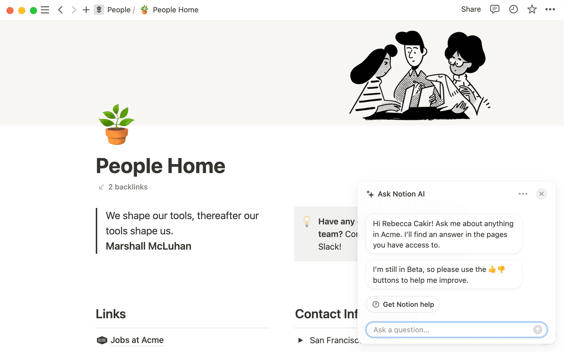 Cliquez sur l’étincelle en bas à droite pour ouvrir Notion Q&A ou passez par le menu de recherche.