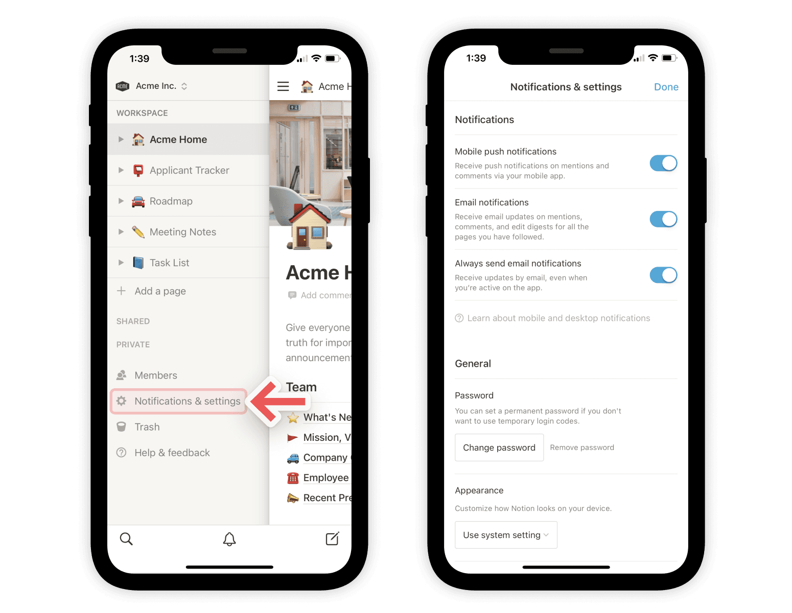 Paramètres de notifications ─ mobile