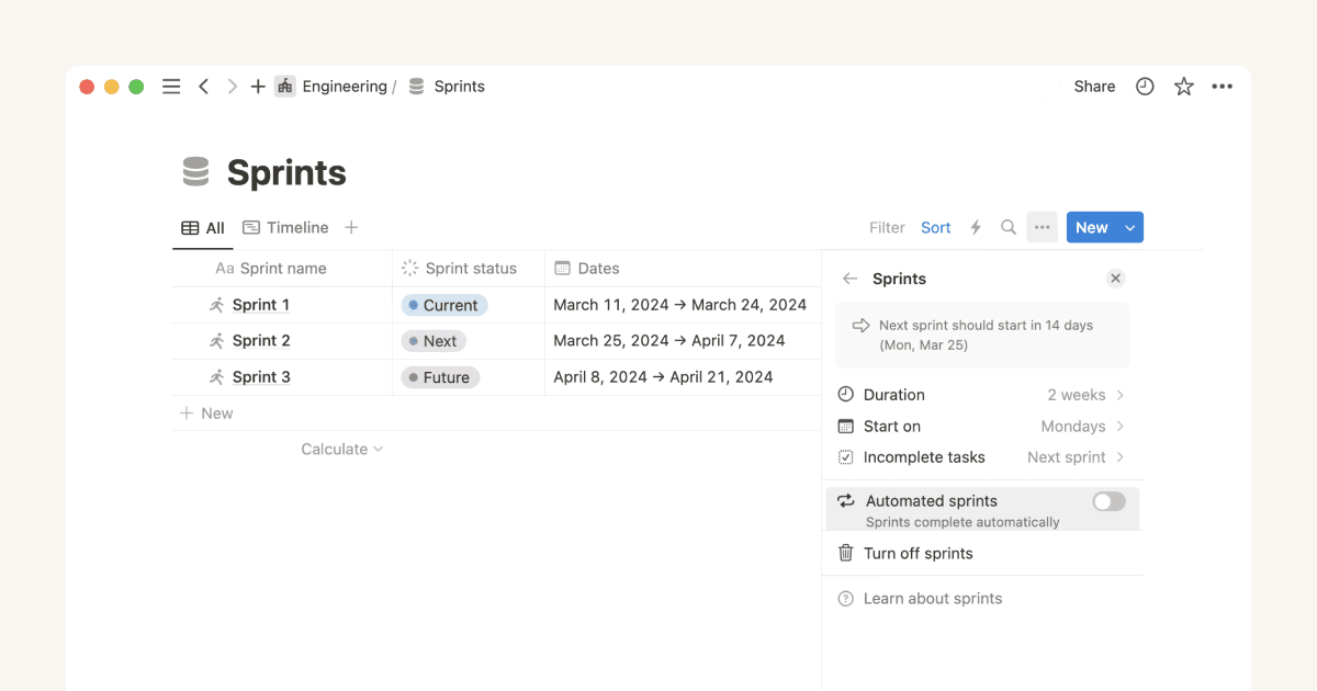 Des sprints simplifiés avec le système de suivi des sprints de Notion