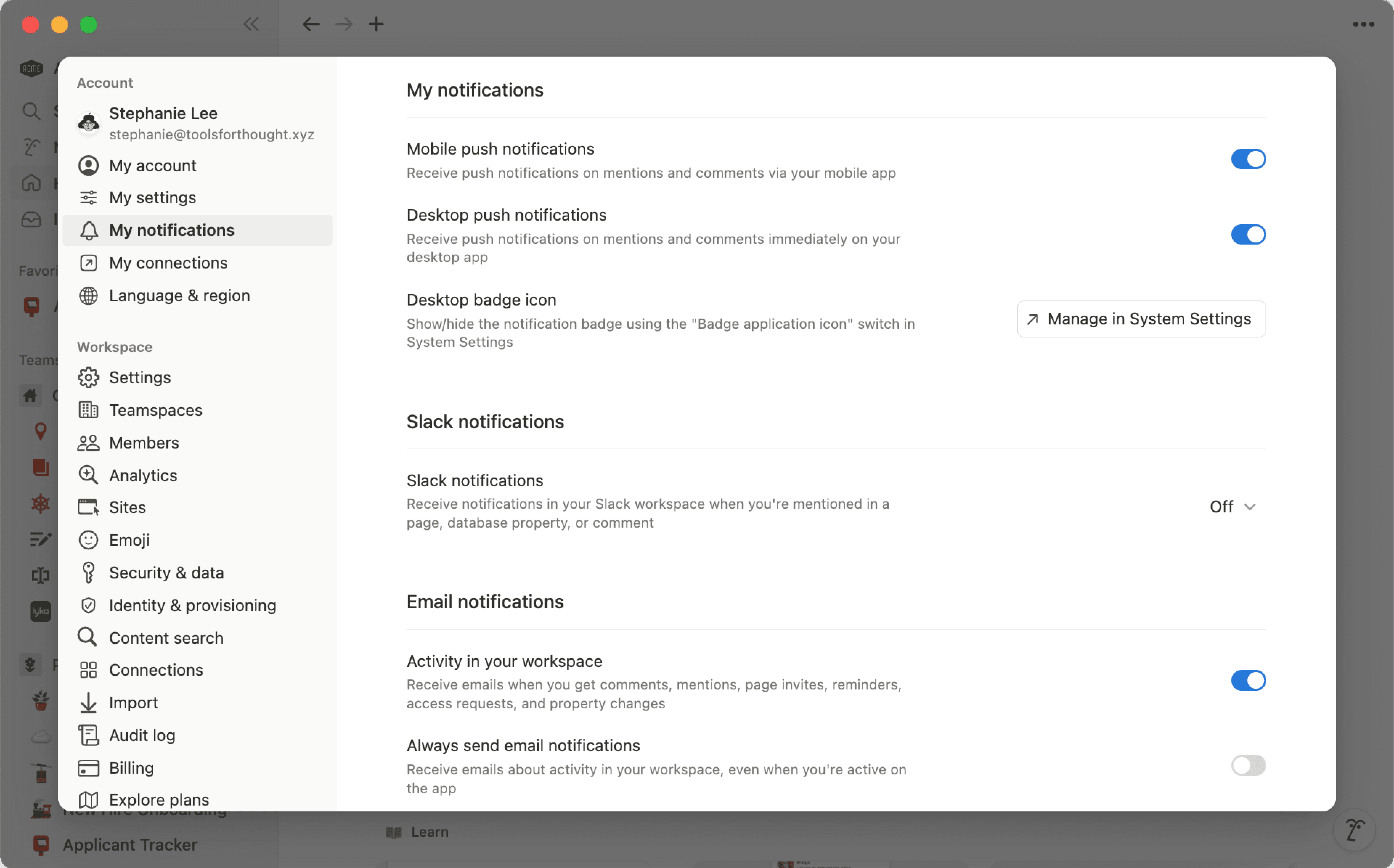 Paramètres de notifications ─ application de bureau
