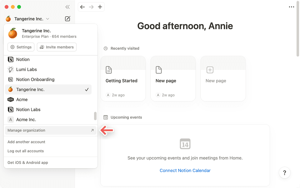 Cliquez sur « Gérer l’organisation » dans la barre latérale pour accéder à la console d’administration.