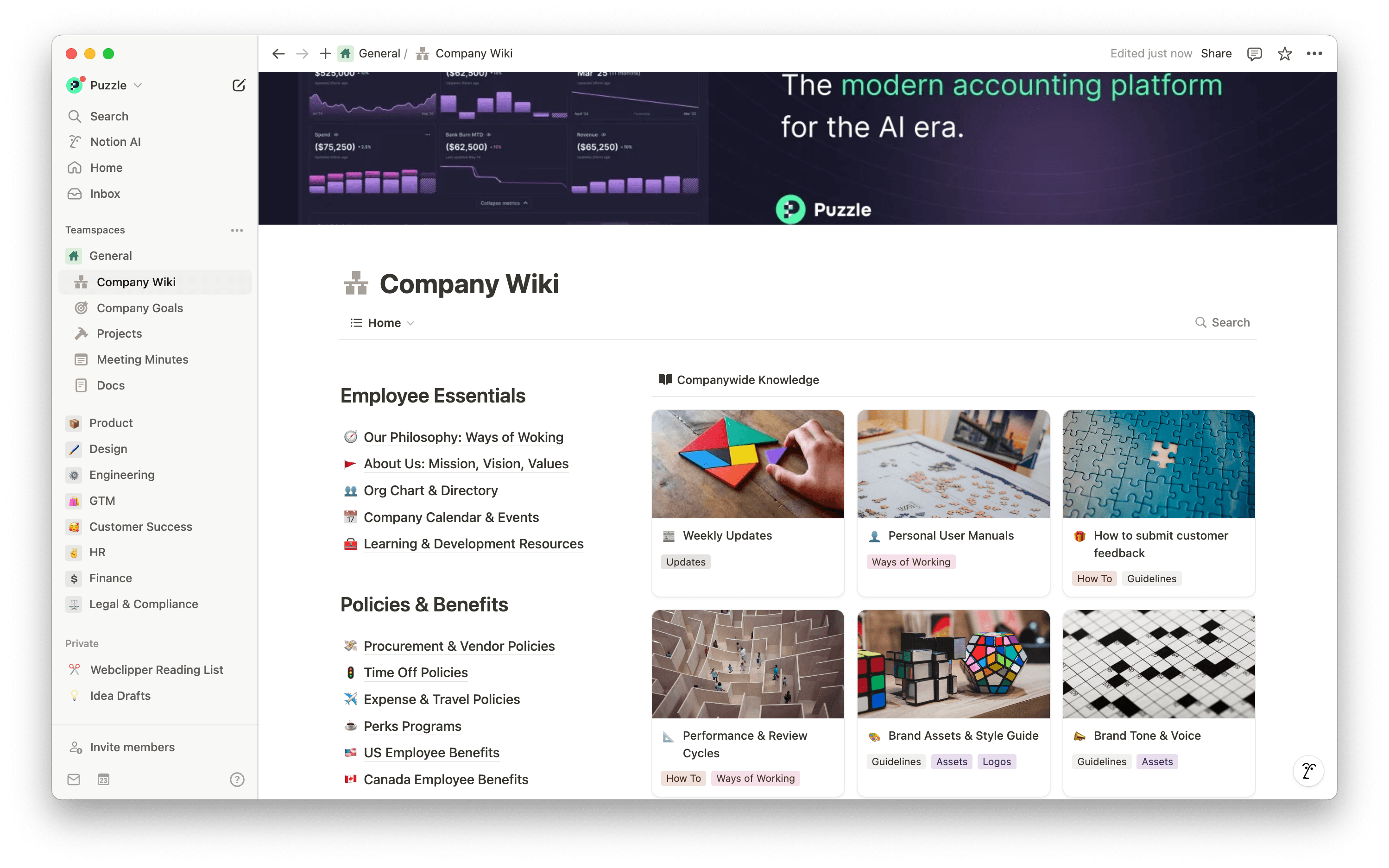 La source unique de Puzzle pour toutes les connaissances de l’entreprise : facile à mettre à jour, rapide à trouver et connectée de manière transparente à toutes nos tâches.