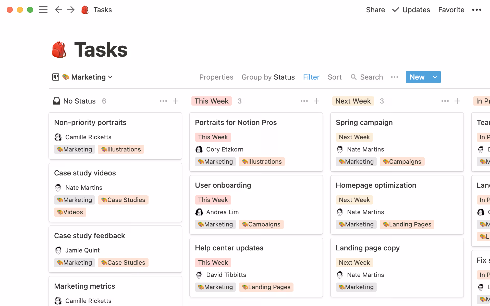 La vue de l’équipe marketing pour notre base de données partagée de tâches.