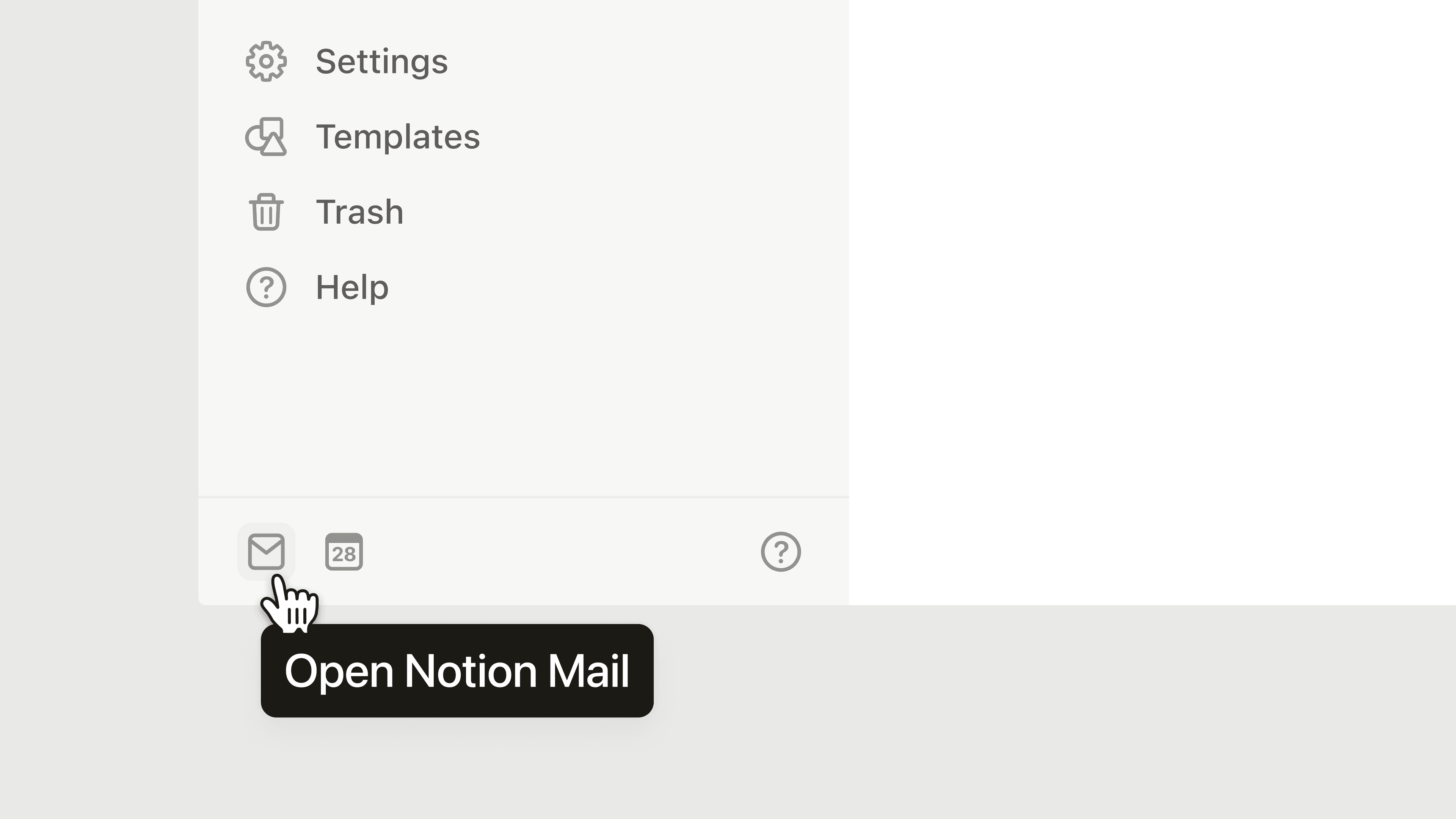 aide : point d’entrée de la barre latérale dans Notion Mail